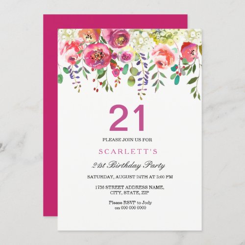 Pink Peach Flowers 21st Birthday Party Invitation