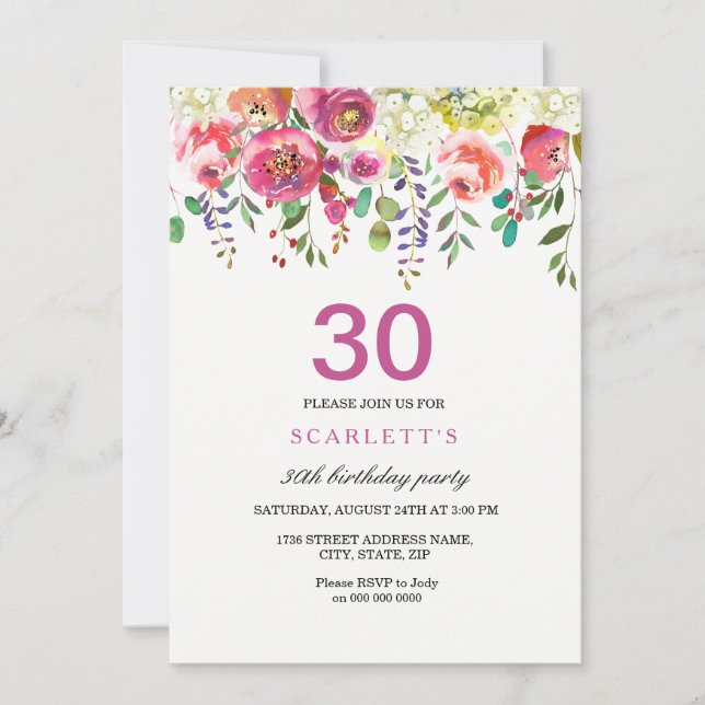 Pink Peach Flowers 30th Birthday Party Invitation (Front)