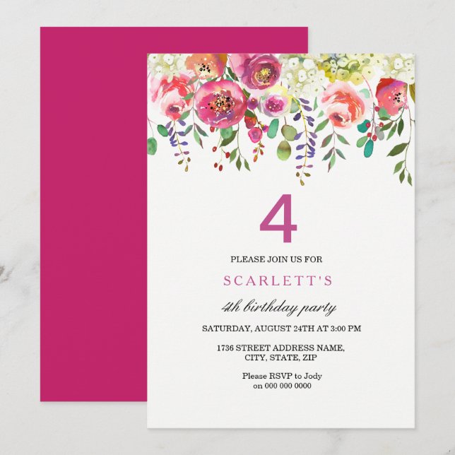 Pink Peach Flowers 4th Birthday Party Invitation (Front/Back)