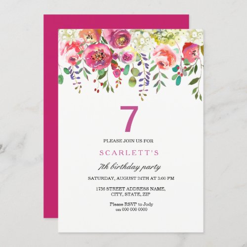 Pink Peach Flowers 7th Birthday Party Invitation