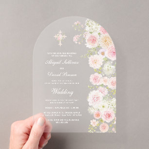Pink Peach Flowers Arch Religious Wedding Acrylic Invitations