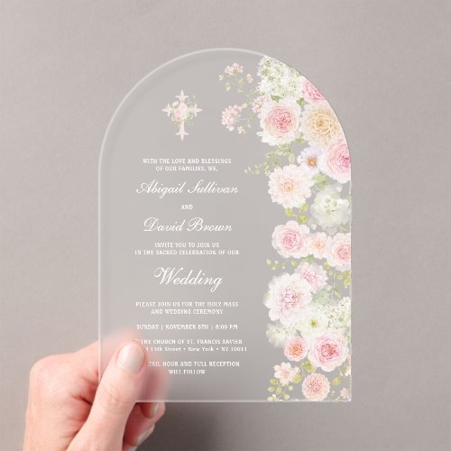 Pink Peach Flowers Arch Religious Wedding Acrylic Invitations