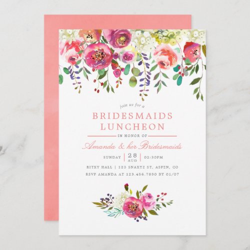 Pink Peach Flowers Bridesmaids Luncheon Invitation