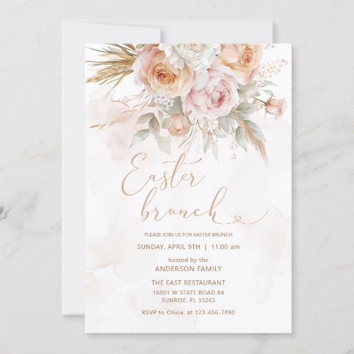 Pink Peach Flowers Easter Brunch  Invitation