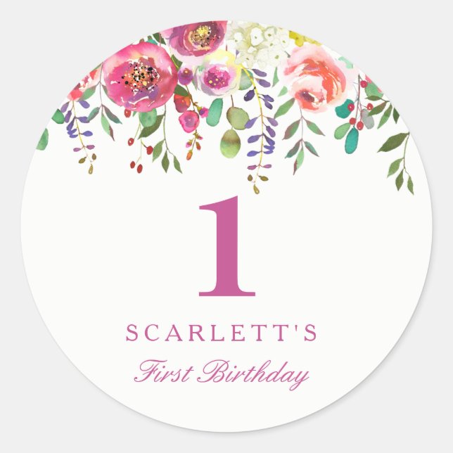 Pink Peach Flowers Girl 1st Birthday Favor Seal (Front)