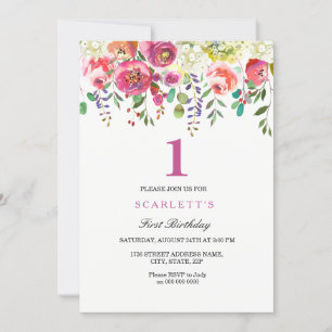 Pink Peach Flowers Girl 1st Birthday Invitation