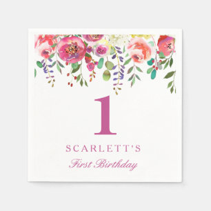Pink Peach Flowers Girl 1st Birthday Party Napkin