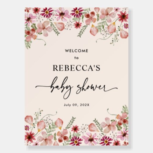 Pink Peach Flowers Girl Baby Shower Welcome Sign