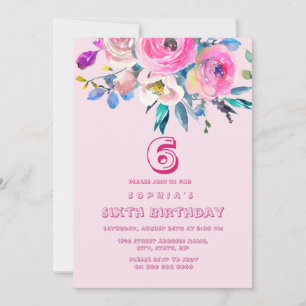 Pink Peach Flowers Girl Children Kids Birthday Invitation