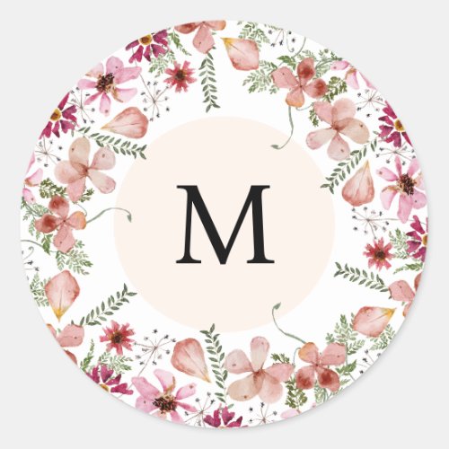 Pink Peach Flowers Monogram Round Envelope Seal