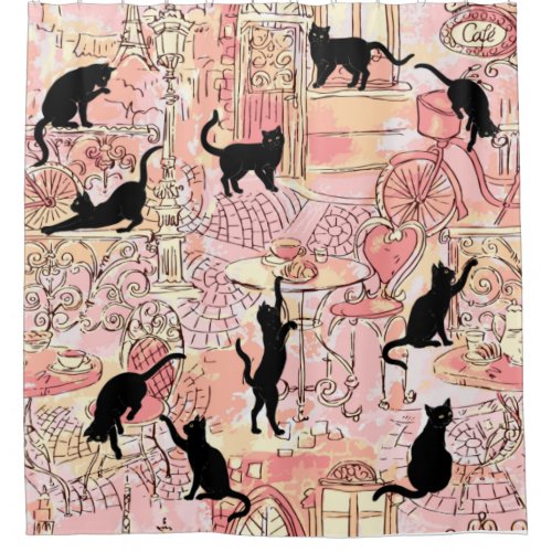 Pink Peach French Cat Paris Cafe Shower Curtain