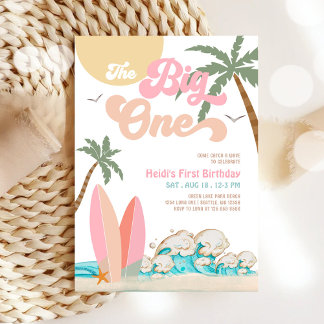 Pink Peach Girl The Big One Surfing 1st Birthday  Invitation