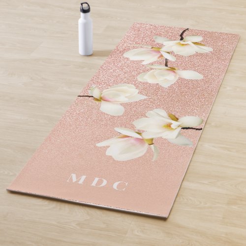 Pink peach girly glitter magnolia floral initials yoga mat