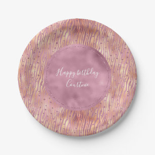 Pink Peach Glitzy Glitter Sparkle Zebra Print Paper Plates
