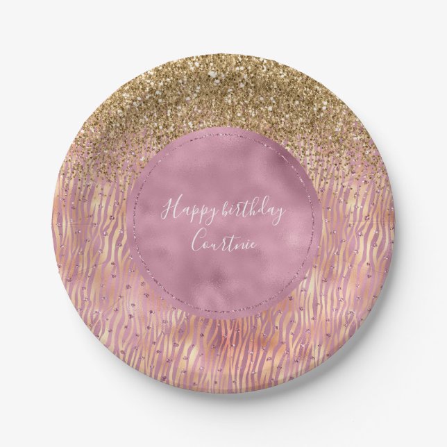 Pink Peach Glitzy Gold Glitter Sparkle Zebra Print Paper Plates (Front)