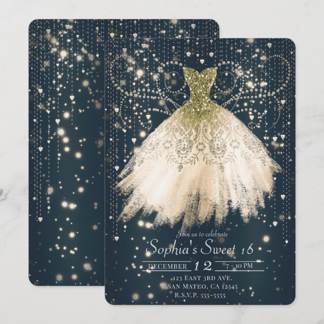 Pink Peach Gold Glitter Dress Dark Sweet 16 Party Invitation (Front/Back)
