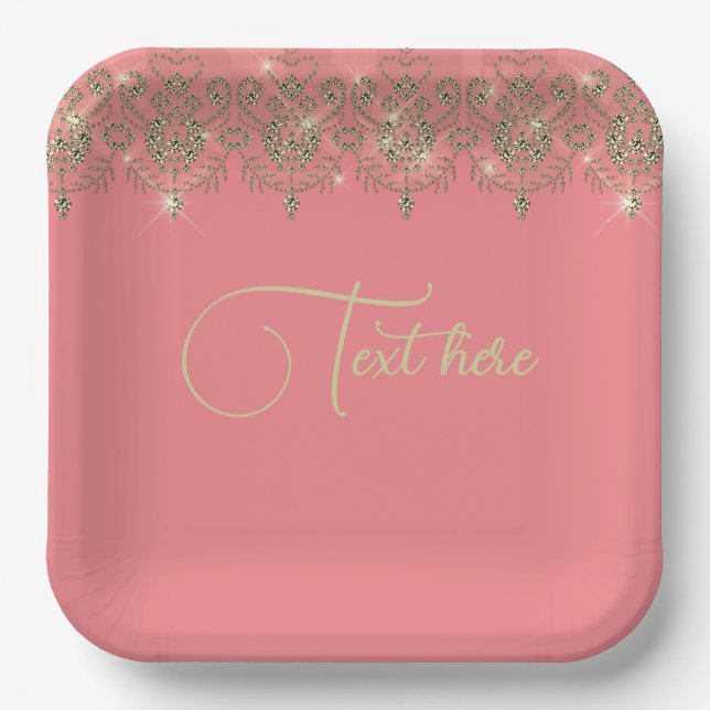 Pink peach gold lace elegant sparkle  paper plates (Front)
