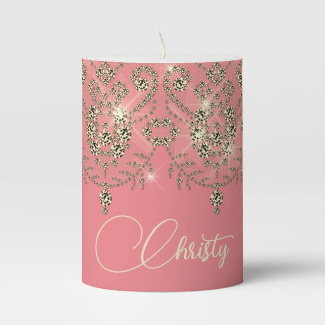 Pink peach gold lace elegant sparkle  pillar candle (Front)