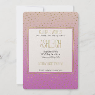 Pink Peach Gold Ombre Confetti Dots Birthday Invitation