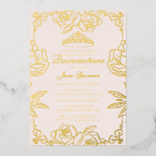 Pink peach Gold Rose Garden Quinceanera Foil Invitation