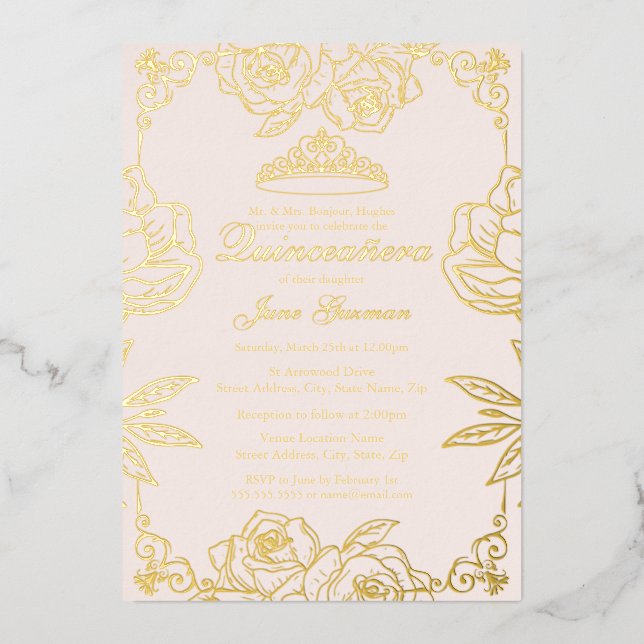 Pink peach Gold Rose Garden Quinceanera Foil Invitation (Front)