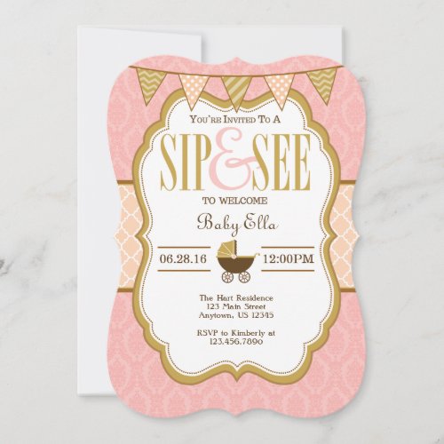 Pink Peach Gold Sip And See Invitation