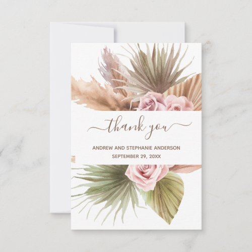 Pink Peach Green Floral Wedding Thank you card