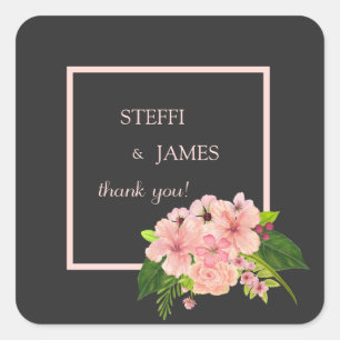 Pink & Peach Hibiscus Floral Charcoal Thank You Square Sticker