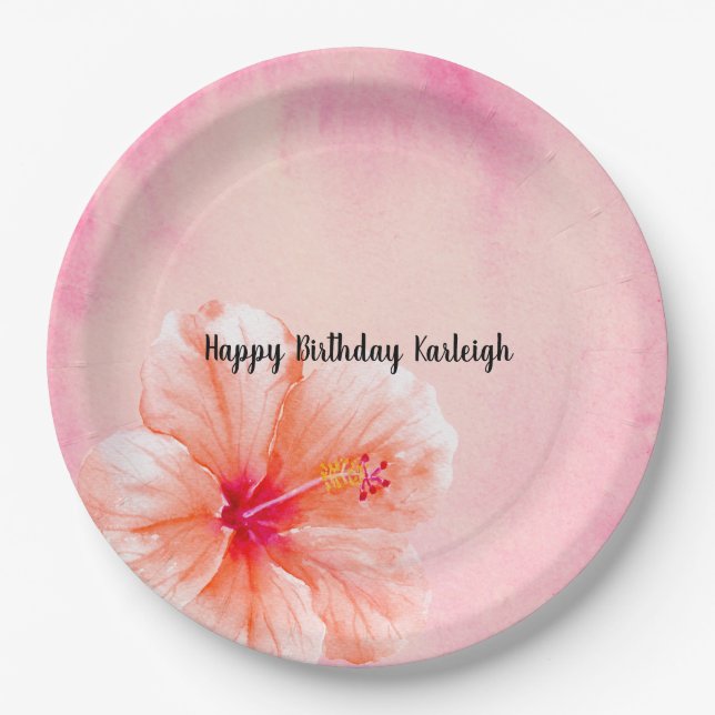 Pink Peach Hibiscus Flower Paper Plates (Front)