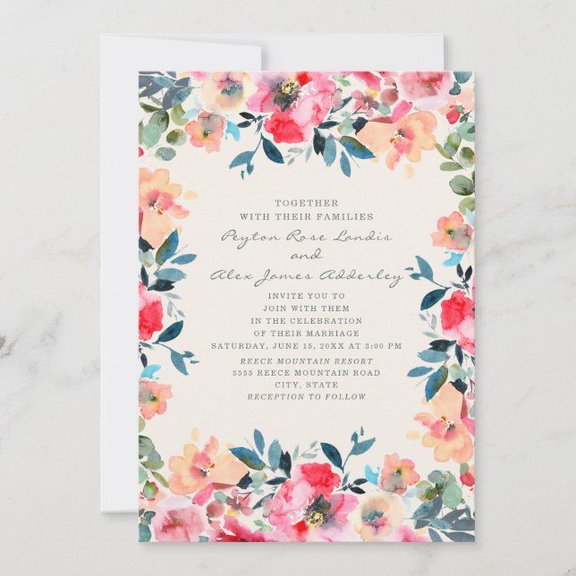 Pink Peach Ivory Spring Floral Wedding Invitation (Front)