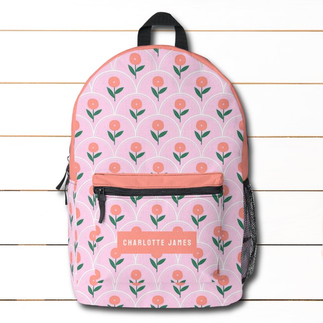 Pink Peach Modern Floral Personalized Name Printed Backpack (Creator Uploaded)