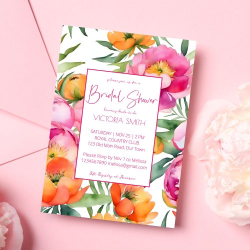 Pink peach orange peonies elegant bridal shower invitation