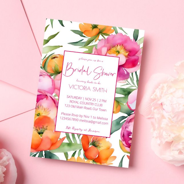 Pink peach orange peonies elegant bridal shower invitation (Pink peach orange peonies elegant summer bridal shower editable template invitation digital download)