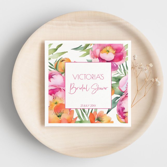 Pink peach orange peonies elegant bridal shower napkins (Pink peach orange peonies elegant summer bridal shower template napkins personalized tableware decor)