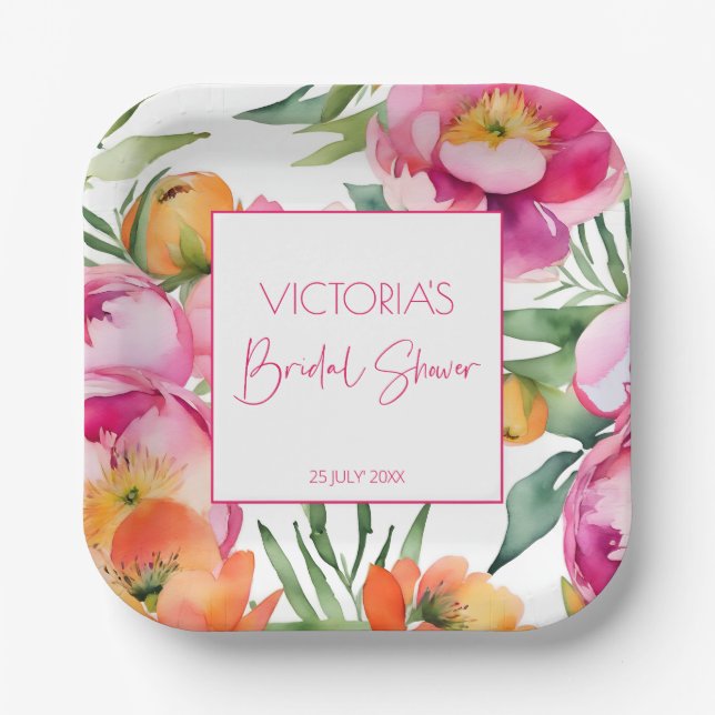 Pink peach orange peonies elegant bridal shower paper plates (Front)
