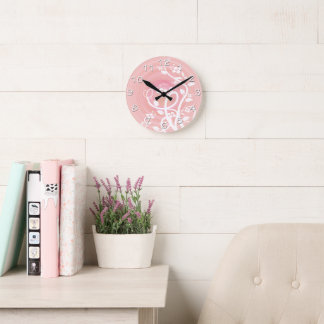 Pink & Peach Pastel Spirals, Filigree & Flowers Round Clock