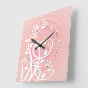 Pink & Peach Pastel Spirals, Filigree & Flowers Square Wall Clock