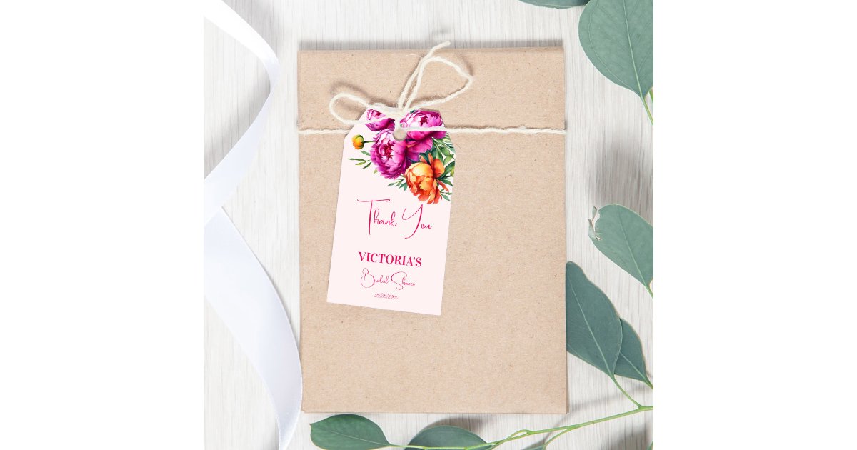 Pink peach peonies bridal shower thank you favor gift tags | Zazzle