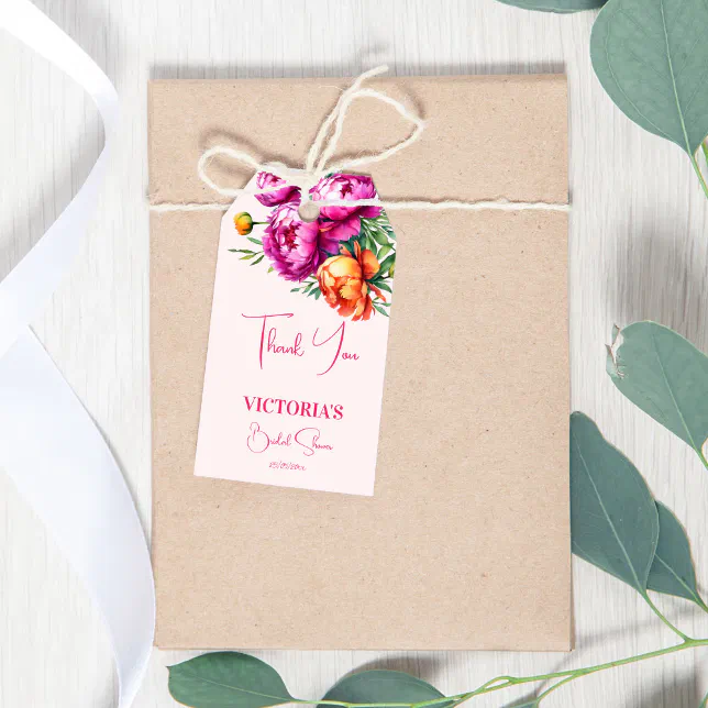 Pink peach peonies bridal shower thank you favor gift tags | Zazzle