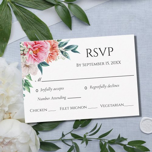 Pink Peach Peonies Floral Eucalyptus Wedding RSVP Card
