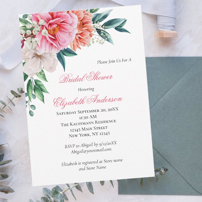 Pink Peach Peony Floral Greenery Bridal Shower Invitation (Creator Uploaded)