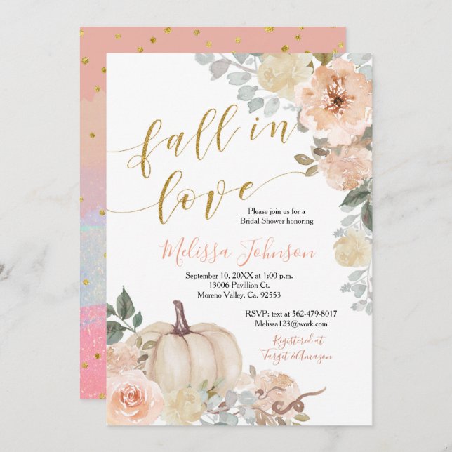 Pink Peach Pumpkin Fall in Love invitation (Front/Back)