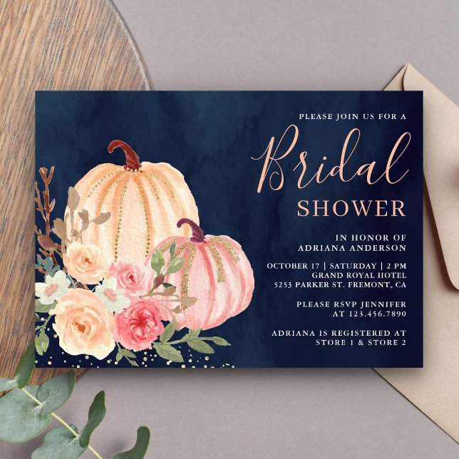 Pink Peach Pumpkin Floral Navy Blue Bridal Shower Invitation (Creator Uploaded)