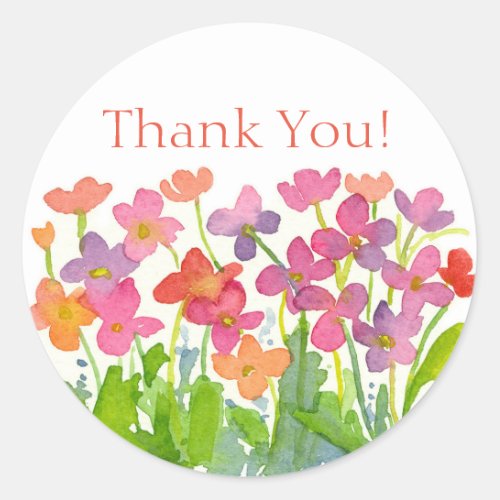 Pink Peach Purple Watercolor Flowers Thank You Classic Round Sticker