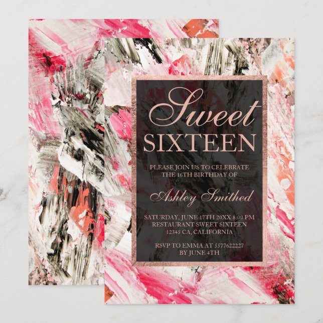 Pink peach rose gold brushstrokes acrylic Sweet 16 Invitation (Front/Back)