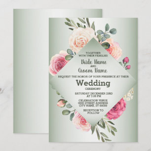 Pink Peach Roses Rustic Green Geometric Wedding Invitation