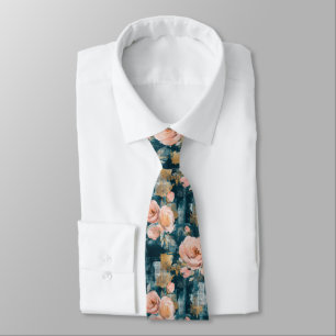 Pink Peach Roses Teal Maximalist Floral Neck Tie