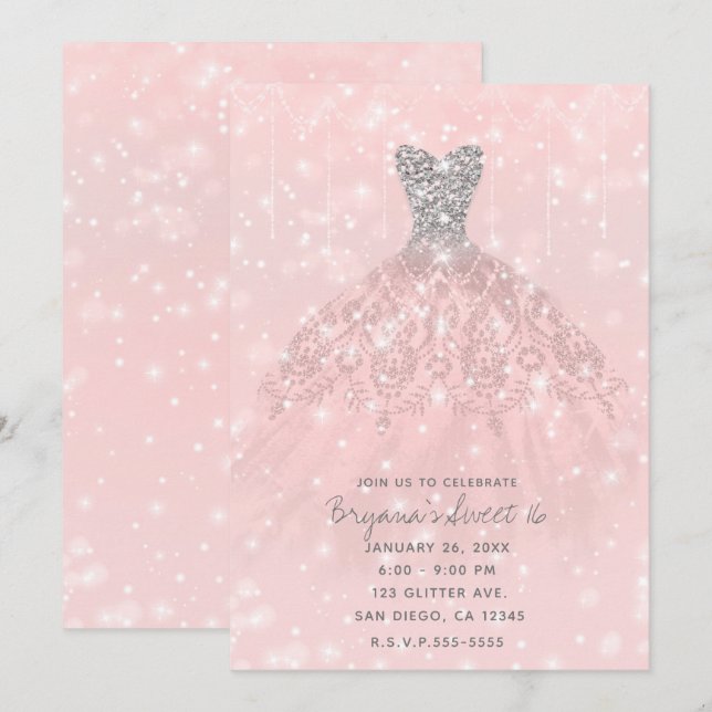 Pink Peach Silver Glitter Sparkle Dress Sweet 16 Invitation (Front/Back)