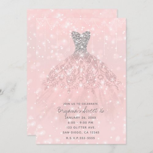 Pink Peach Silver Glitter Sparkle Dress Sweet 16 Invitation