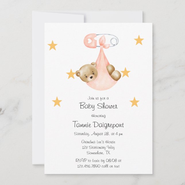 Pink Peach Teddy Bear Diaper Girl Baby Shower Invitation (Front)